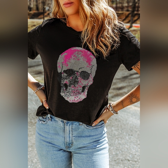 Rhinestone Encrusted Skeleton Shirt Bling Sparkling Short Sleeve Halloween Top - Picture 6 of 12